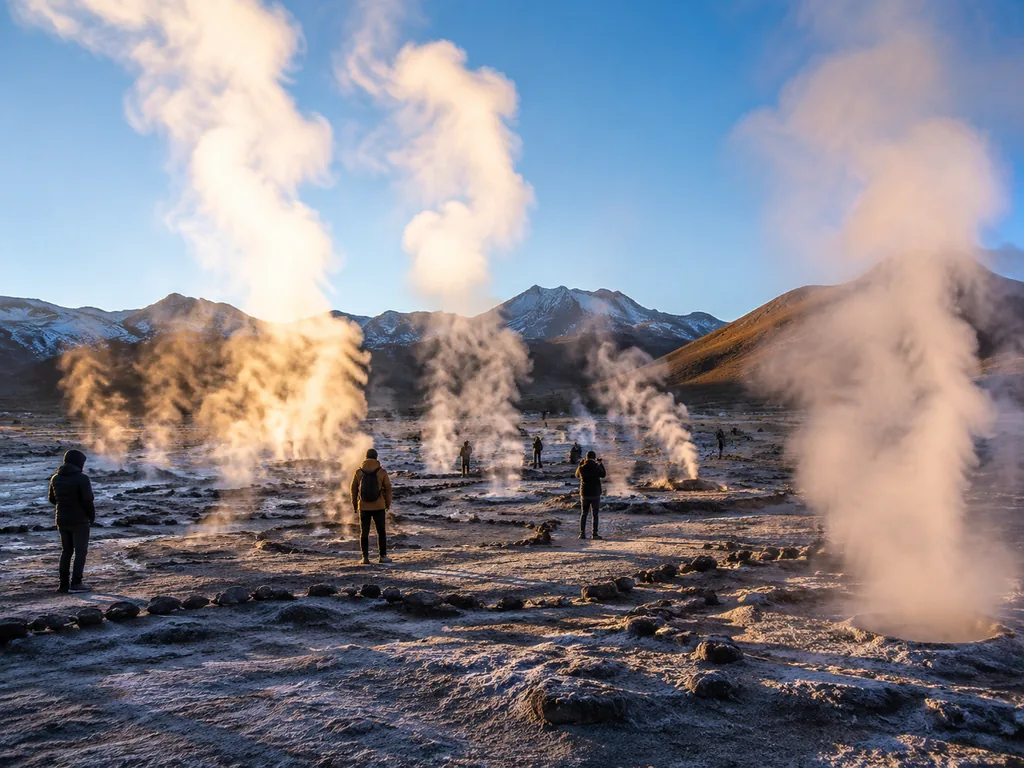 El Tatio geysers at sunrise, steam columns at 4,320 m