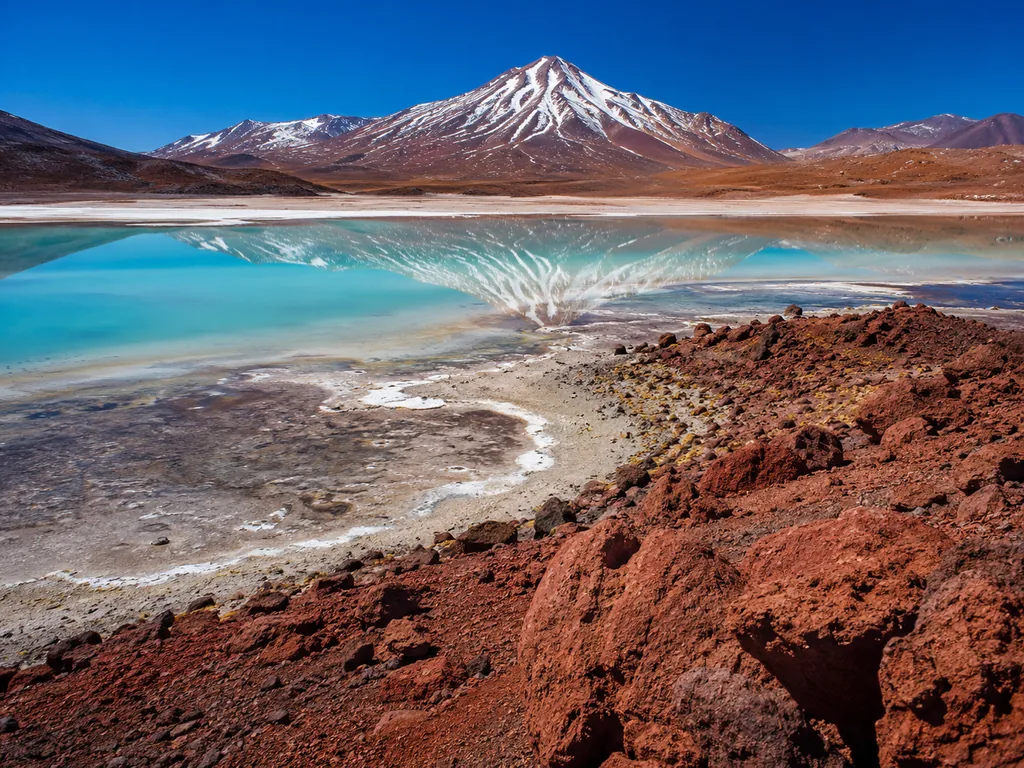 Turquoise altiplanic lagoons with flamingos